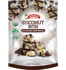 Jennies coconut cacao nibs bites front-pack, ideal for on-the-go snacking.