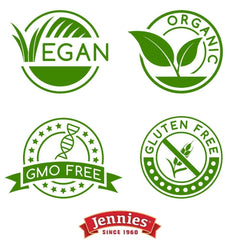Jennies vegan gluten-free labels on packaging for dietary confidence.