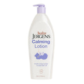 Jergens Baby Calming Lotion bottle side view highlights hydrating, non-greasy formula.