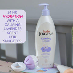 Lavender oil detail suggests a calming bedtime ritual for babies.