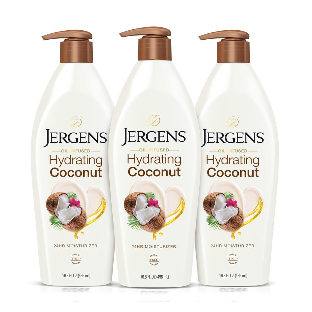 Jergens Hydrating Coconut Lotion bottle front view for smooth skin hydration.