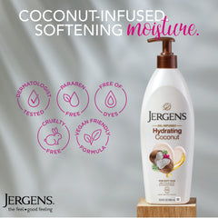 Jergens Hydrating Coconut body lotion swirl emphasizes smooth, hydrated skin.