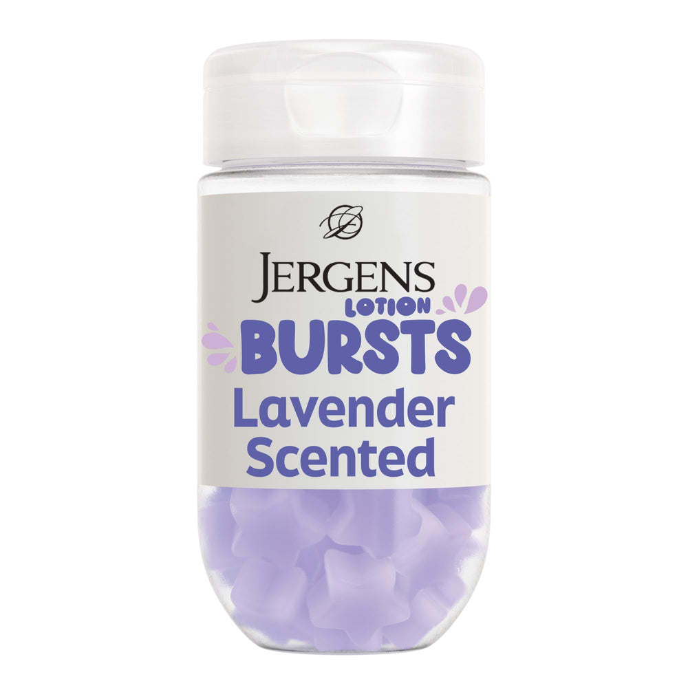 Jergens Lavender Lotion Bursts star closeup for quick hydration with lavender scent.