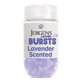 Jergens Lavender Lotion Bursts star closeup for quick hydration with lavender scent.