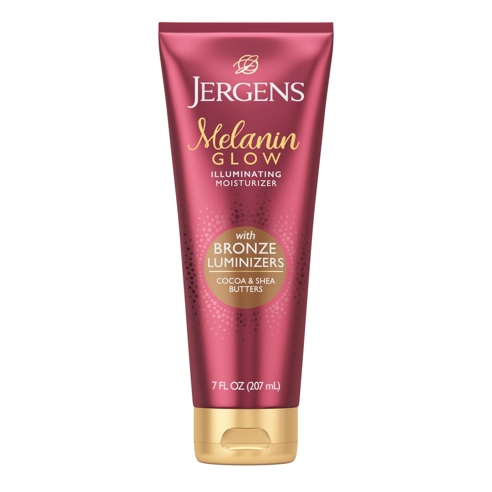Jergens Melanin Glow bronze luminizers on bottle for subtle radiance