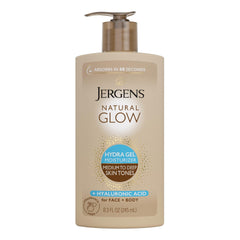 Jergens Natural Glow Hydra Gel bottle front, fragrance-free self tanner for face and body