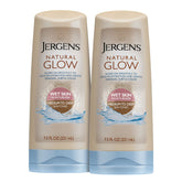 Jergens Natural Glow in-Shower lotion bottle on bathroom shelf for easy daily tan