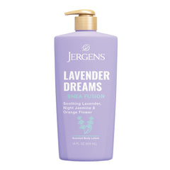 Jergens Shea Fusion Lavender Dreams bottle showing calming scent and all-day hydration.