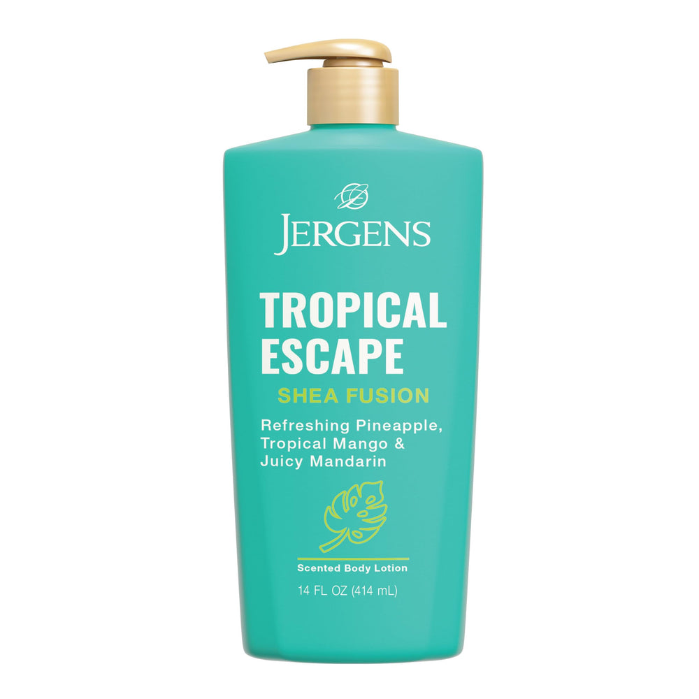 Jergens Shea Fusion Tropical Escape bottle front view highlighting tropical hydration