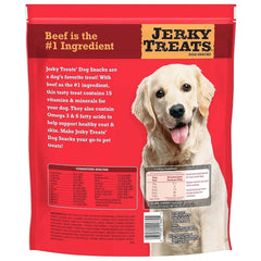 Jerky Treats Tender Beef Strips close-up shows ingredients and omega fatty acids for skin and coat.