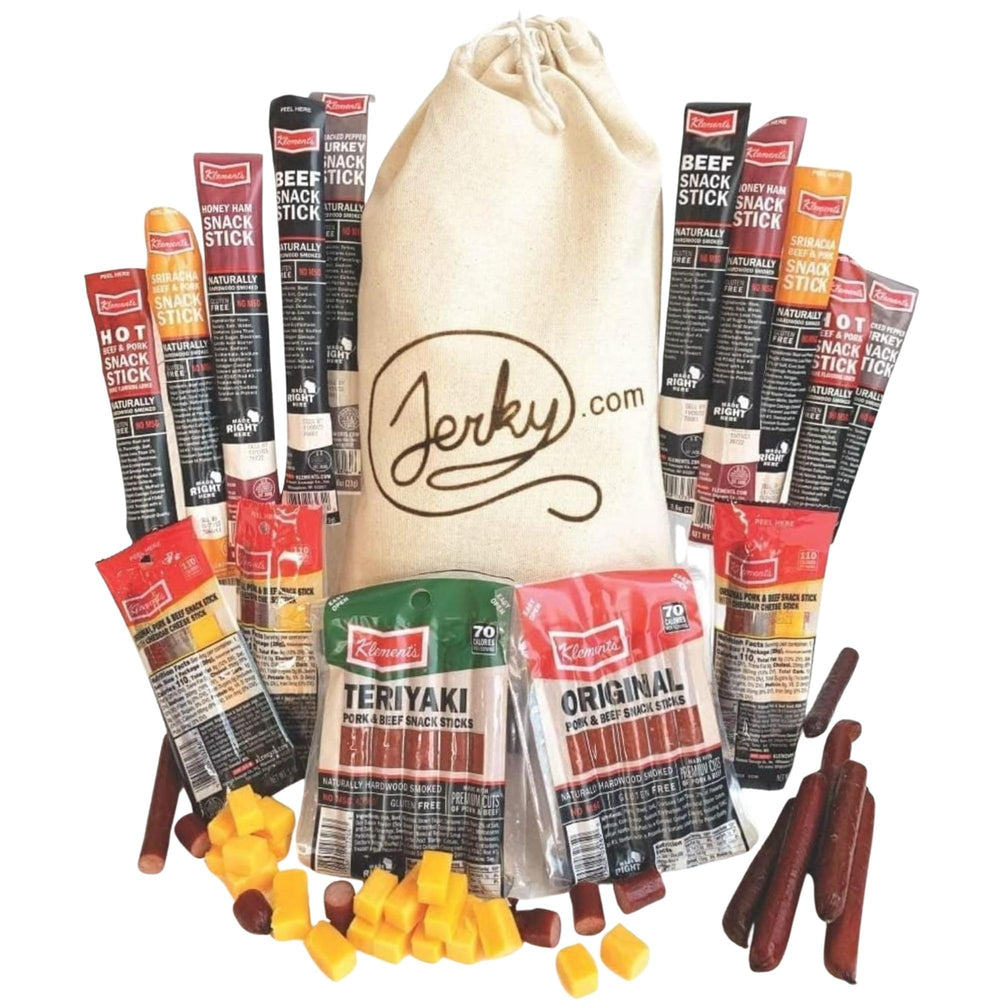 Jerky.com 26pc variety pack in a canvas gift bag for birthdays