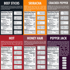 Jerky.com 30-pack variety box top view highlighting portable protein snacks.