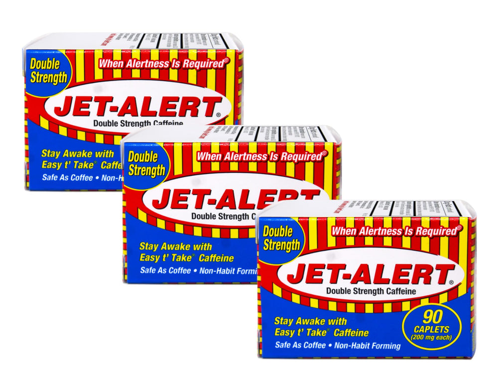 Jet-Alert bottle front label shows double strength caffeine for quick alert support.