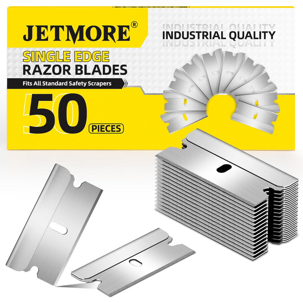 Jetmore single-edge blade 50-pack box for fast, precise scraping.