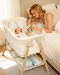 JevrJeur Baby Bassinet day-night convertible for naps and bedside comfort.