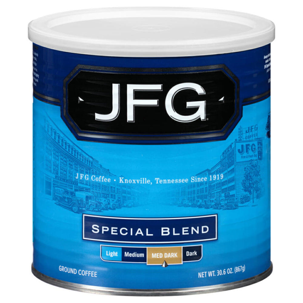 JFG Special Blend Medium-Dark Roast can for a rich morning aroma.