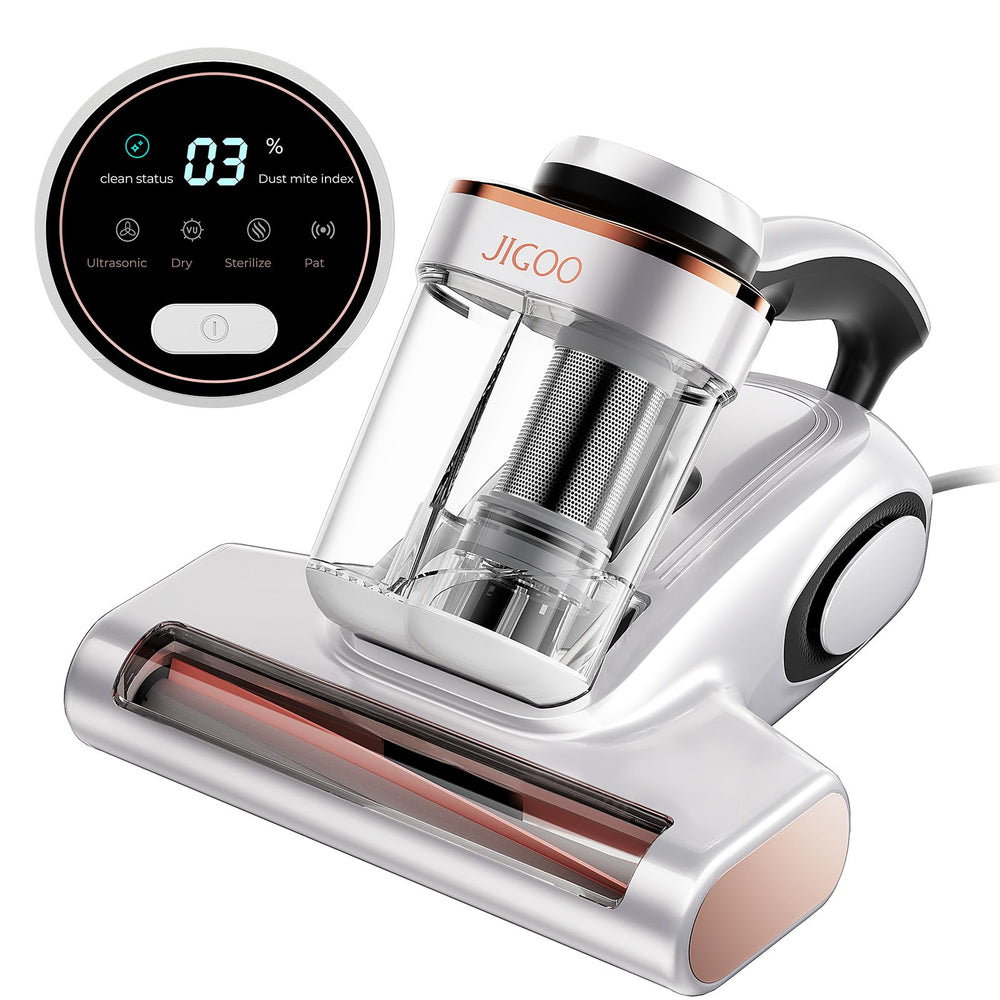 JIGOO J300 bed vacuum with dust sensor close-up shows dust index during cleaning