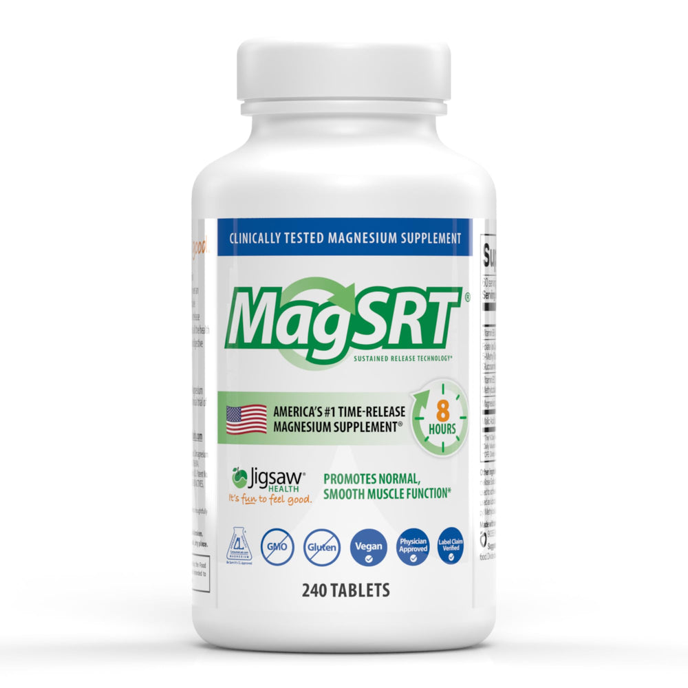 Jigsaw Health MagSRT bottle front with timed-release magnesium for steady absorption.
