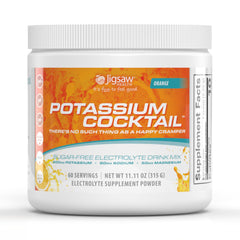 Jigsaw Health Potassium Cocktail orange bottle close-up highlighting electrolyte content for active days.
