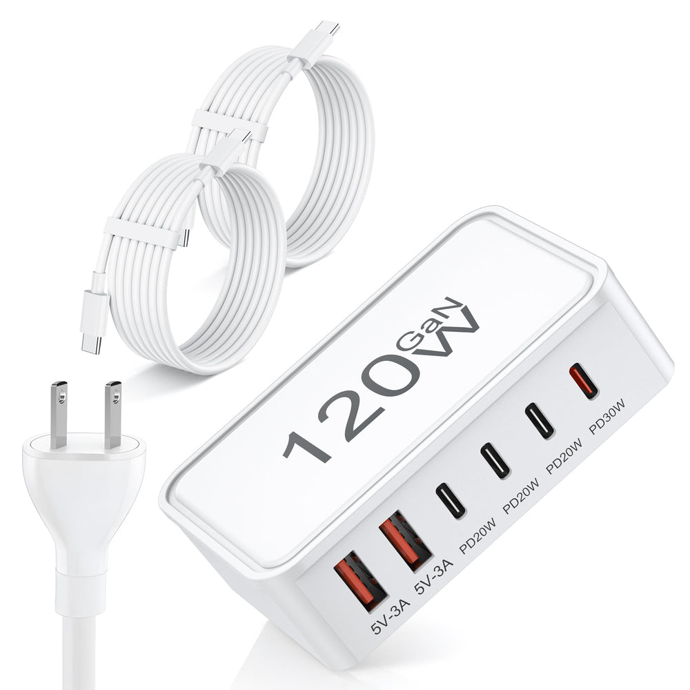 Jiiorrio six-port USB-C charger block, front view, keeps desk tidy.