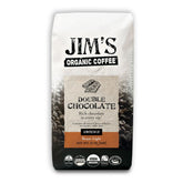 Jim's Organic Coffee Double Chocolate ground bag with rich aroma, ideal for morning brews.