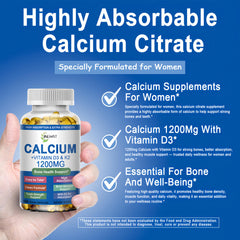 Close-up of JINGYAT calcium 1200mg bottle highlights D3 and K2 benefits