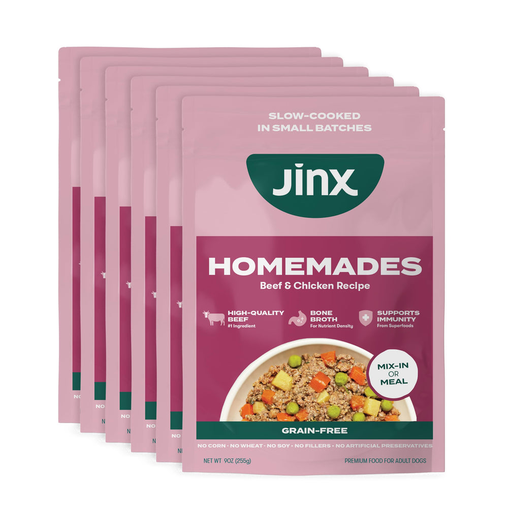 Jinx Beef & Chicken grain-free wet dog food pouch with real meat for balanced meals.