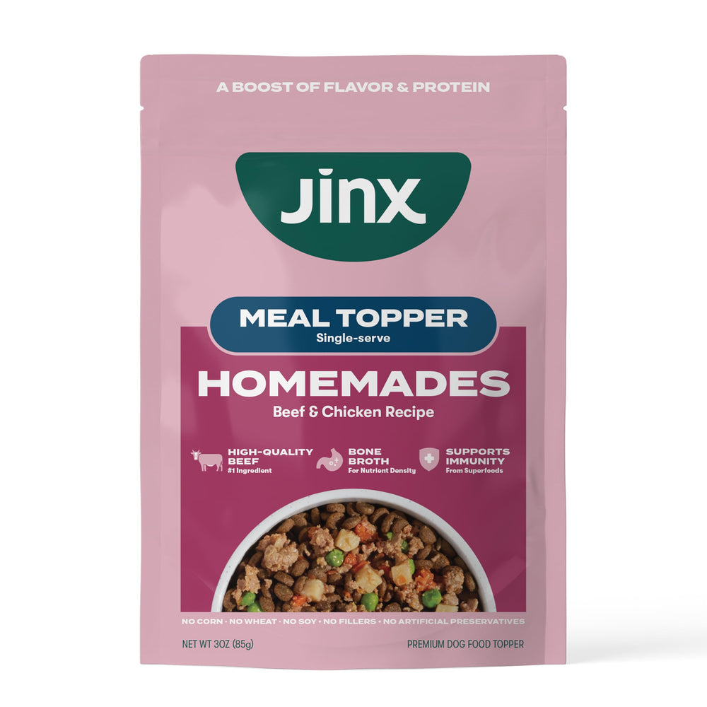 Jinx Beef & Chicken wet dog food pouches in an 8-pack display for easy meals.
