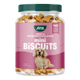 Jinx oven-baked beef bone broth mini biscuit dog treats with a crunchy texture for snacking.