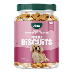 Jinx oven-baked beef bone broth mini biscuit dog treats with a crunchy texture for snacking.