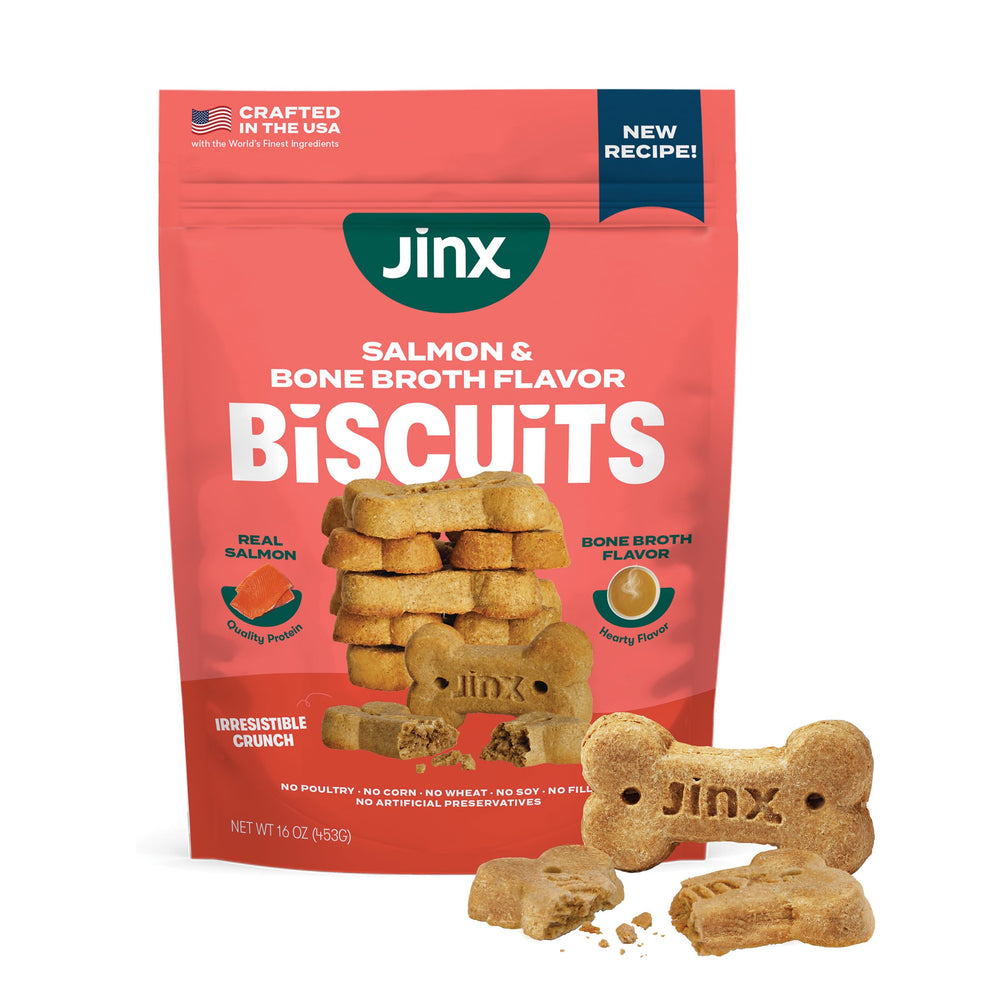 Jinx oven-baked salmon bone broth biscuit packaging shot highlighting natural ingredients.