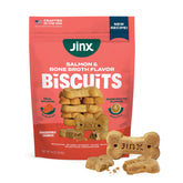 Jinx oven-baked salmon bone broth biscuit packaging shot highlighting natural ingredients.