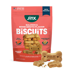 Jinx oven-baked salmon bone broth biscuit packaging shot highlighting natural ingredients.