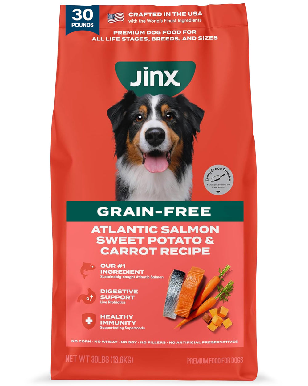 Jinx Premium dry dog food with real salmon bag shows premium nutrition for all life stages.