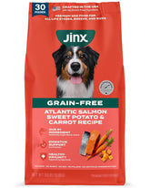 Jinx Premium dry dog food with real salmon bag shows premium nutrition for all life stages.