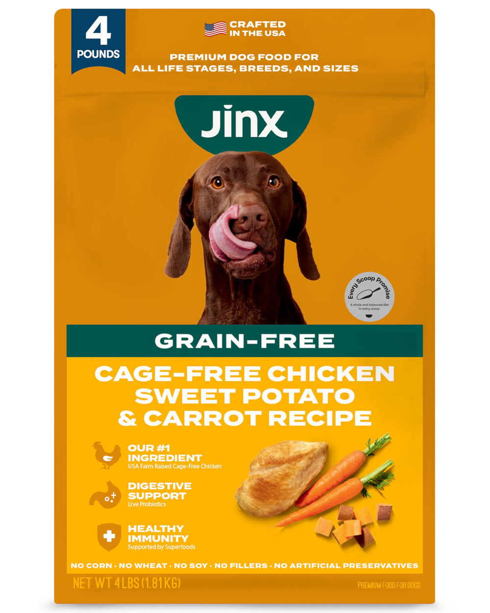 Jinx real-chicken kibble promotes lean muscle support in dogs.