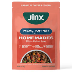 Jinx salmon chunks in bone broth as a savory wet-dog-food topper.