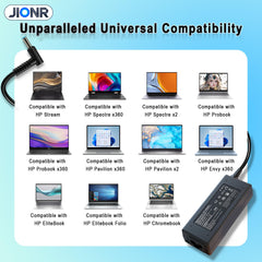 JIONR travel-friendly AC adapter with blue tip for HP laptops.