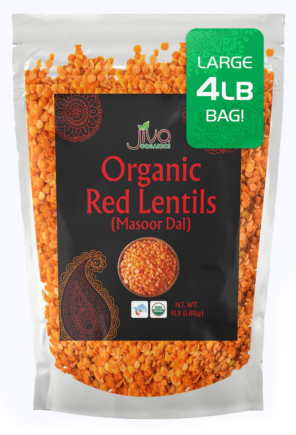 Jiva Organics Masoor Dal red lentils in a bulk bag for pantry storage.