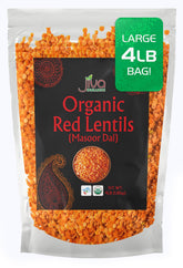 Jiva Organics Masoor Dal red lentils in a bulk bag for pantry storage.
