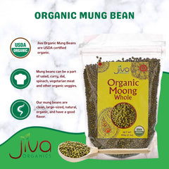 Jiva Organics mung beans closeup showing uniform green beans for cooking.