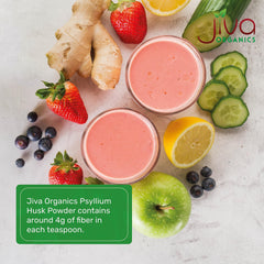 Jiva Organics Psyllium Husk Powder being poured into a glass for easy fiber boost