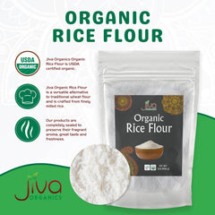 Close-up of Jiva Organics white rice flour texture showing fine, silky powder.