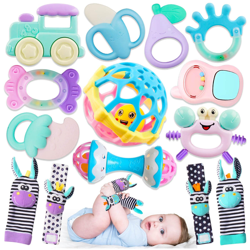 JKHEPL baby rattles and teethers set for 0-6 months with soft grips for early exploration.