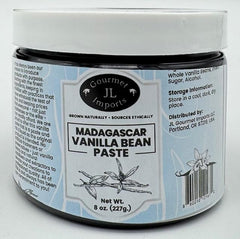 JL Gourmet Imports vanilla bean paste bottle showing rich vanilla flavor for baking