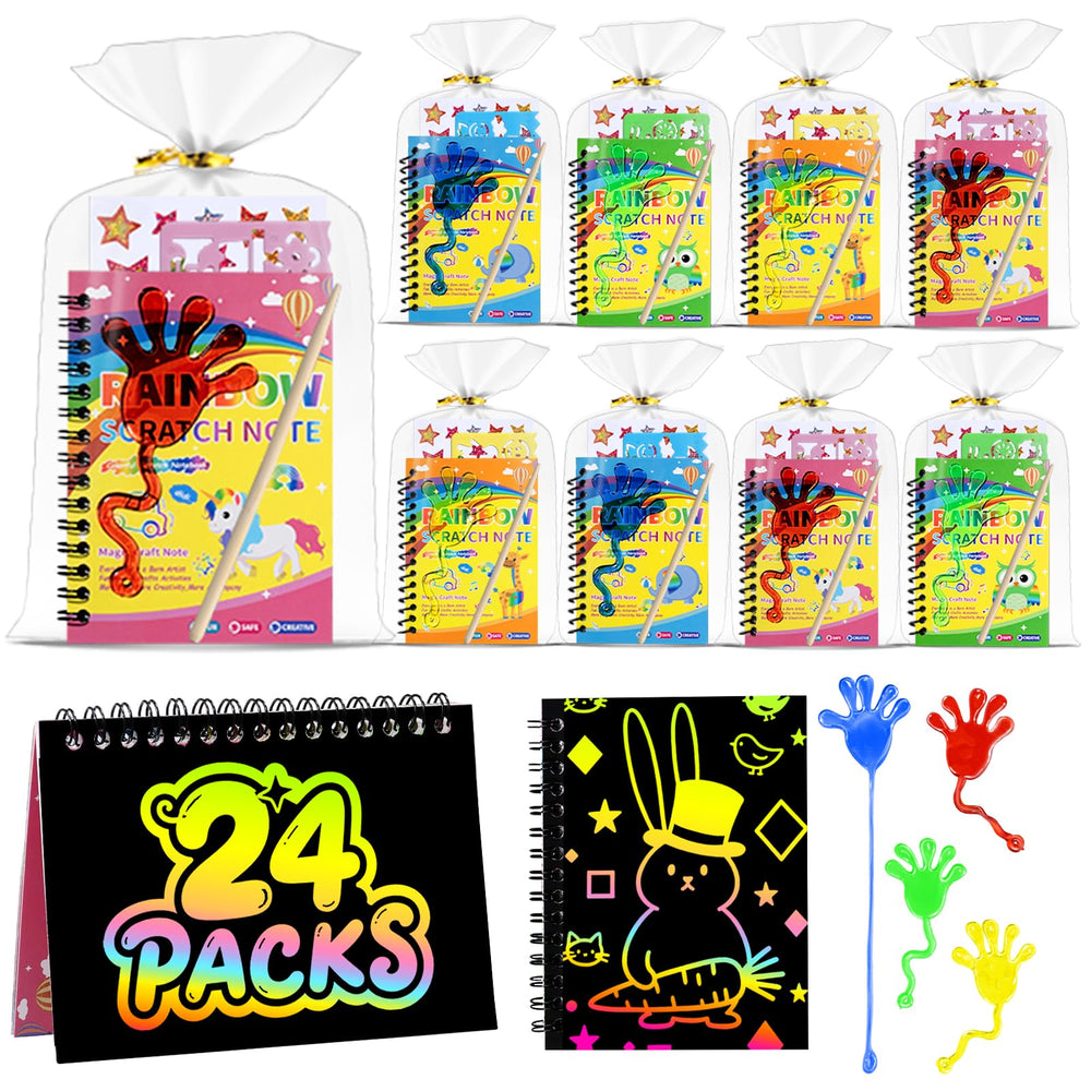 JMMICO scratch-art-notebook 24-pack reveals rainbow colors for party favors.
