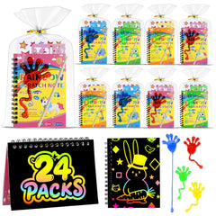 JMMICO scratch-art-notebook 24-pack reveals rainbow colors for party favors.