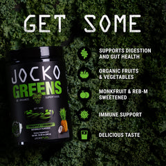 Jocko Fuel Daily Greens Powder prepared shake with vibrant greens and digestion-friendly blend