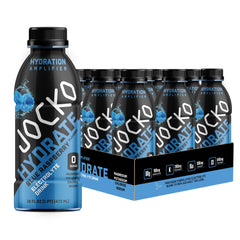Jocko Fuel Hydrate blue raspberry bottle ready for post-workout hydration.