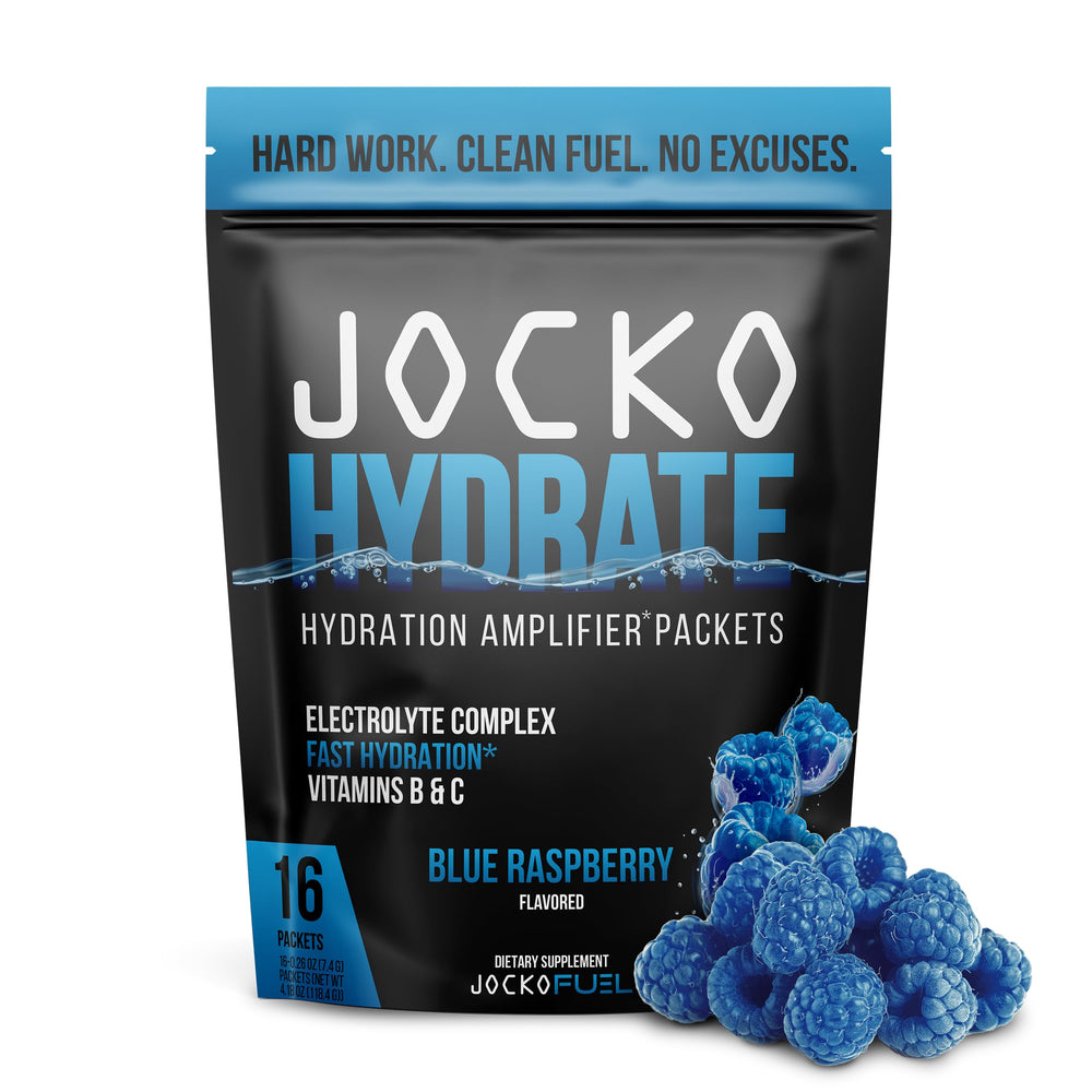Jocko Fuel Hydrate blue raspberry packet dissolving in water for hydration